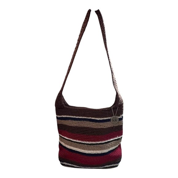THE SAK Striped Crochet Shoulder Bag In Brown Navy Red Striped Ball Chain Charm - Picture 2 of 12